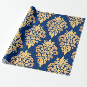 Elegantes Blau- und Gold Classic Damask Muster Geschenkpapier