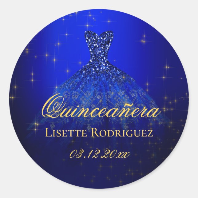 Elegantes Blau und Gold Custom Quinceanera Runder Aufkleber (Vorderseite)