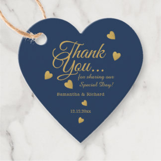 Elegantes Blau und Gold Danke Herz Hochzeit Geschenkanhänger