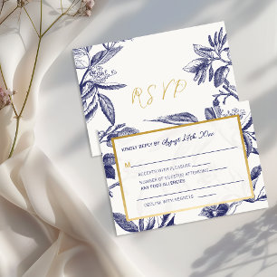 Elegantes Blau und Gold Floral RSVP Karte