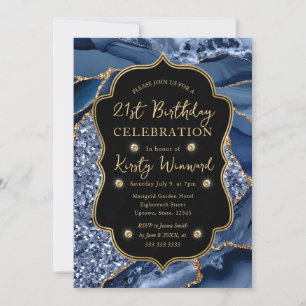 Elegantes Blau- und Gold-Glitter-Achat 21. Geburts Einladung