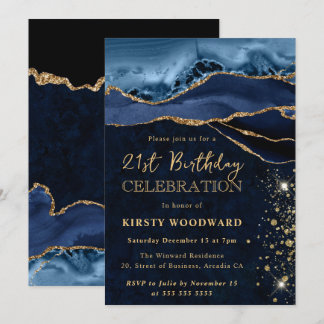 Elegantes Blau und Gold Glitter Achat Geburtstag Einladung