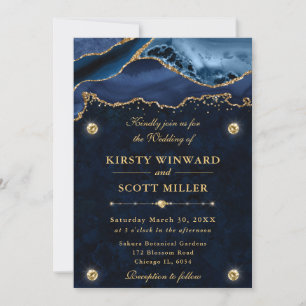 Elegantes Blau und Gold Glitter Achat Hochzeit Einladung