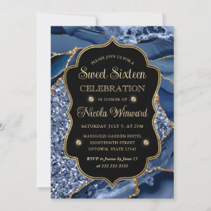 Elegantes Blau- und Gold-Glitter-Achat Sweet Sixte Einladung