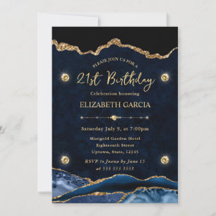 Elegantes Blau- und Gold-Glitter-Achat zum 21. Geb Einladung