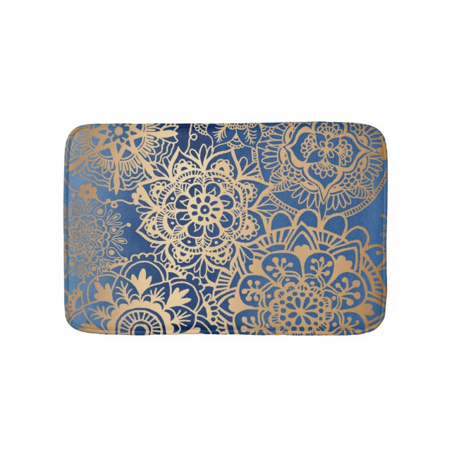Elegantes Blau und Gold Mandala Muster Badematte (Vorderseite)