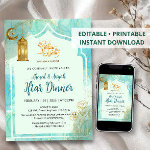 Elegantes Blau und Gold mit Marmortextur Iftar Einladung