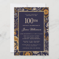 Elegantes Blau und Gold Muster 100. Geburtstag