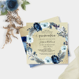 Elegantes Blau und Gold Quinceñera, Blütenblätter Einladung