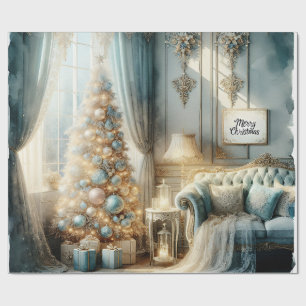 Elegantes Blau und Gold Vintage-Weihnachten Geschenkpapier