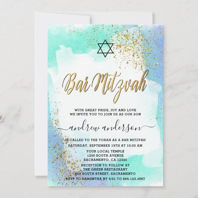 Elegantes Blau und Gold Wasserfarbe Bar Mitzvah Einladung (Vorderseite)