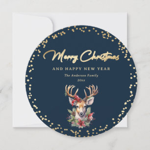 Elegantes Blau und Goldhirsch-Schnee-Weihnachten Feiertagskarte
