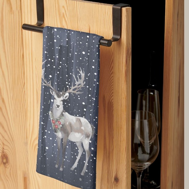 Elegantes Blau und Gray Snowy Rentier Weihnachten Geschirrtuch (Von Creator hochgeladen)