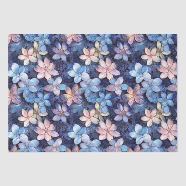 Elegantes Blau und Rosa Blume Mosaikglas-Muster Seidenpapier (Vorderseite)