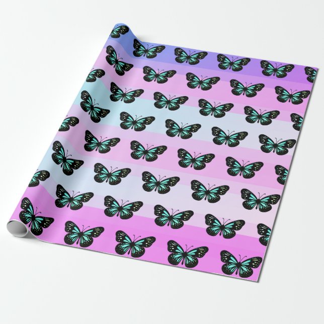 Elegantes Blau- und Schwarzschmetterlingsmuster Geschenkpapier (Ungerollt)