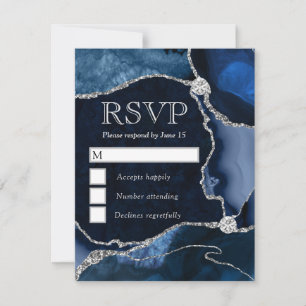 Elegantes Blau und Silber Glitter Marmor Achat RSVP Karte