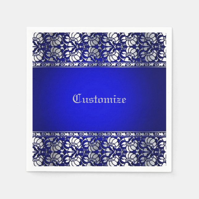 Elegantes Blau und Silber Personalisiert Serviette (Vorderseite)