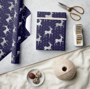 Elegantes Blau- und Silberfolien-Rentier-Weihnacht Geschenkpapier
