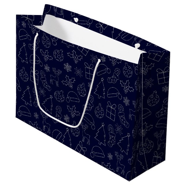 Elegantes Blau und Silberner Glitzer Weihnachtsmus Große Geschenktüte (Vorderseite Schrägansicht)