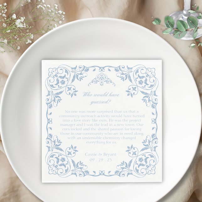 Elegantes Blau und Weiß Chinoiserie Einzigartige H Serviette (elegant blue and white chinoiserie regency era inspired fun facts about the bride and groom napkins)