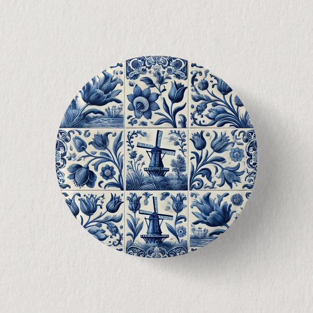 Elegantes Blau und Weiß Delft Tile Button (Vorderseite)