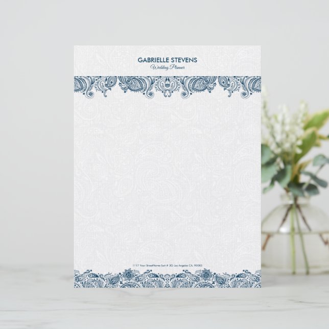 Elegantes Blau und Weiß FlorPaisley Lace Briefbogen (Stehend Vorderseite)