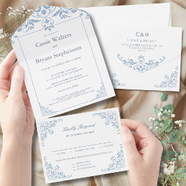 Elegantes Blau und Weiß in einer Hochzeit laden ei All In One Einladung