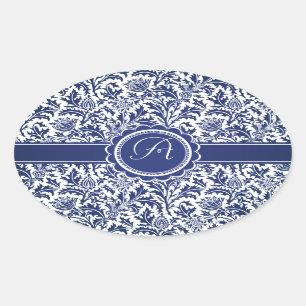 Elegantes Blau und Weiß Wilhelm Morris Ovaler Aufkleber
