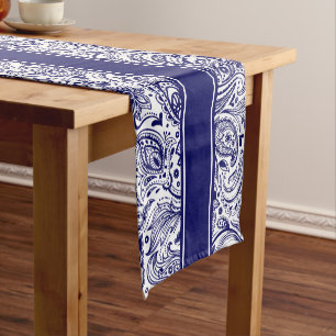 Elegantes Blau und Weiße Flora Paisley & Streifen Kurzer Tischläufer