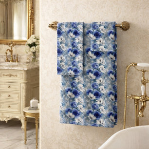 Elegantes Blau und Weiße Rosen und Lilien Badhandtuch Set