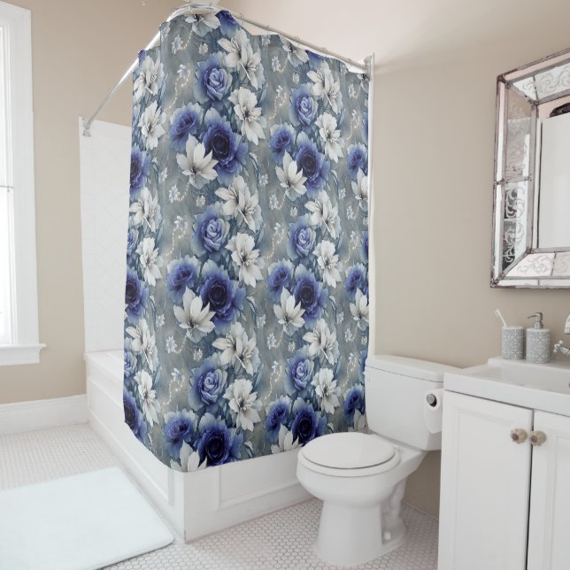 Elegantes Blau und Weiße Rosen und Lilien Duschvorhang (Beispiel)