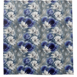 Elegantes Blau und Weiße Rosen und Lilien Duschvorhang