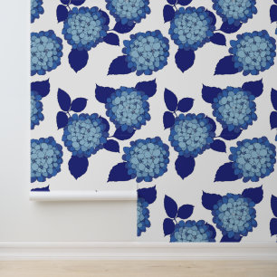 Elegantes Blau-Weiß-Blüten-Hortensien-Muster Tapete