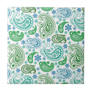 Elegantes Blau Weiß & Grün Vintage Paisley Fliese