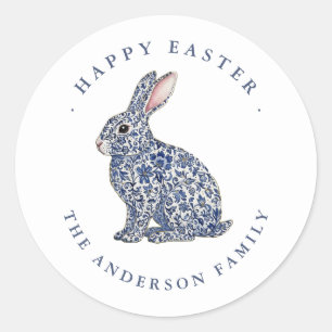Elegantes Blau-Weiß-Hasen-Label 'Frohe Ostern'  Runder Aufkleber