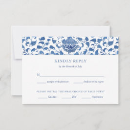 Elegantes Blau-Weiß-Menü Optionen Hochzeit RSVP Karte