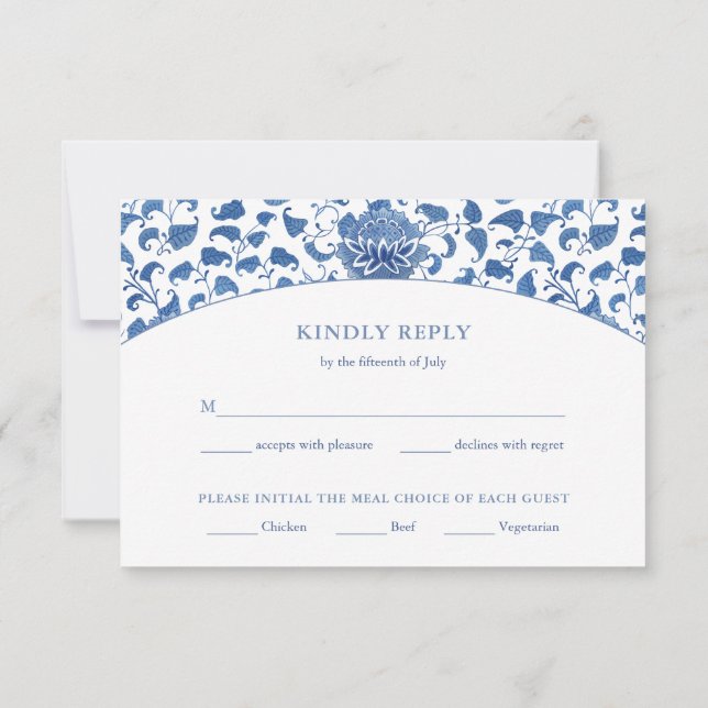 Elegantes Blau-Weiß-Menü Optionen Hochzeit RSVP Karte (Rückseite)