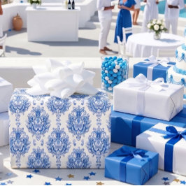 Elegantes Blau-Weiß-Mittelmeer-Damaskusmuster Geschenkpapier