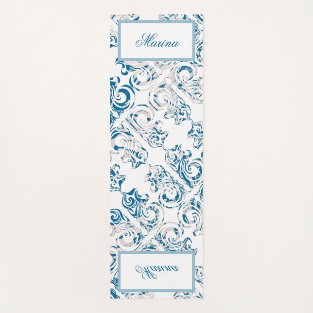 Elegantes Blau-Weiß-Muster und Ihr Name Yogamatte (Vorderseite)