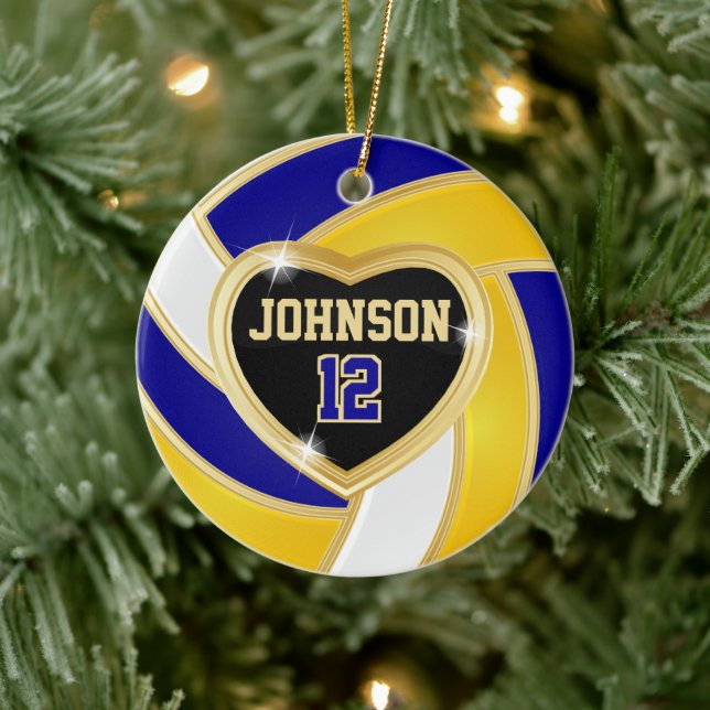 Elegantes Blau, Weiß und Gold 🏐 Volleyball Keramik Ornament (Baum)