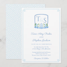 Elegantes Blau-Weiß-Wappen Hochzeit Einladung