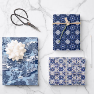 Elegantes Blau-Weiß-Weiden-Chinoiserie-Toile Geschenkpapier Set