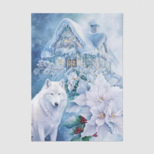 Elegantes Blau Weiß Wolf Florales Winter Szene Seidenpapier