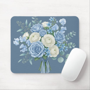 Elegantes blau-weißes Blumenbouquet-Aquarell B Mousepad