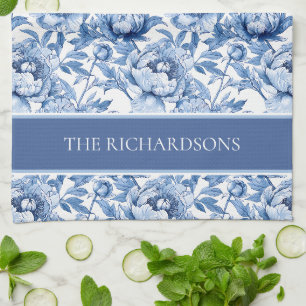 Elegantes blau-weißes Chinoiserie-Blumenmuster Geschirrtuch