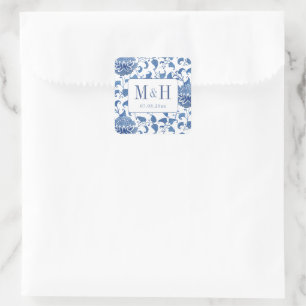 Elegantes blau-weißes Hochzeitsmonogramm als Gesch Quadratischer Aufkleber