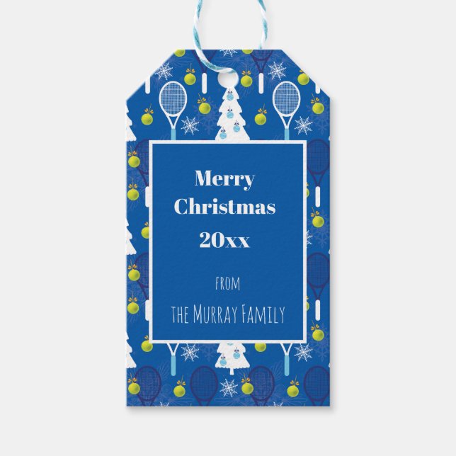 Elegantes, blau-weißes Weihnachtstennis Geschenkanhänger (Vorderseite)