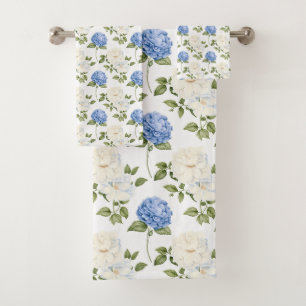 Elegantes Blaue Hortensien-Blumenmuster Badhandtuch Set