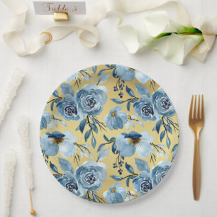 Elegantes, blauer Blumen und goldenes Party Pappteller