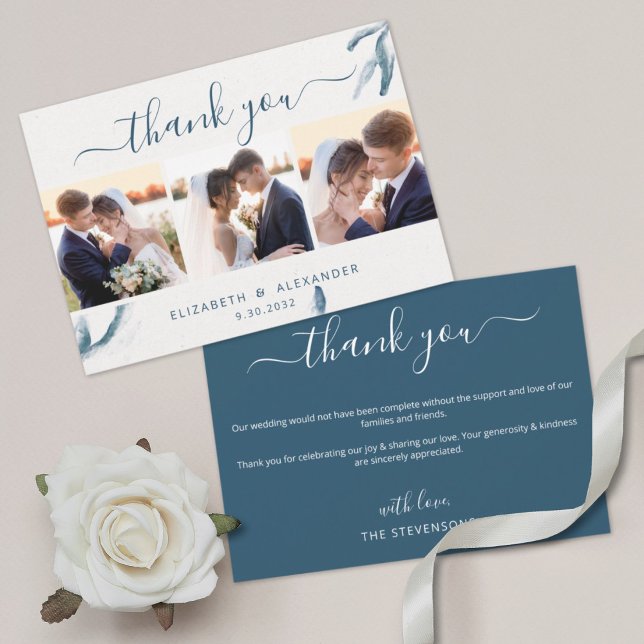 Elegantes blaues Aquarell Romantische Hochzeit 3 F Dankeskarte (Von Creator hochgeladen)